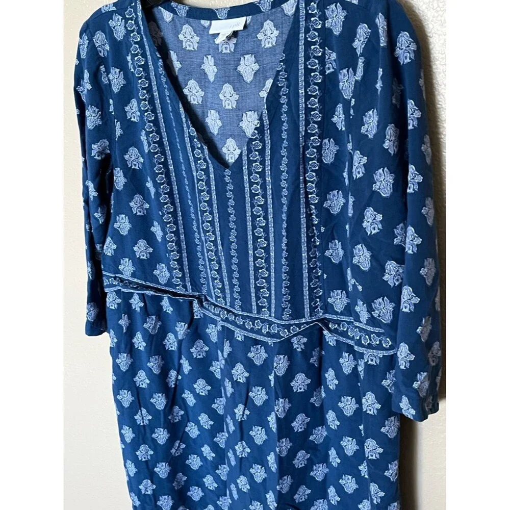 J. Jill Blue/White Seaside Woodblock Print Pullover V Neck Tunic Top Size Small